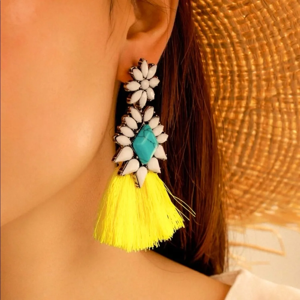 B2G1✨Bora Bora Island 🏝 Boho Gemstone Tassel Fringe Luxe Statement Earrings 🐚